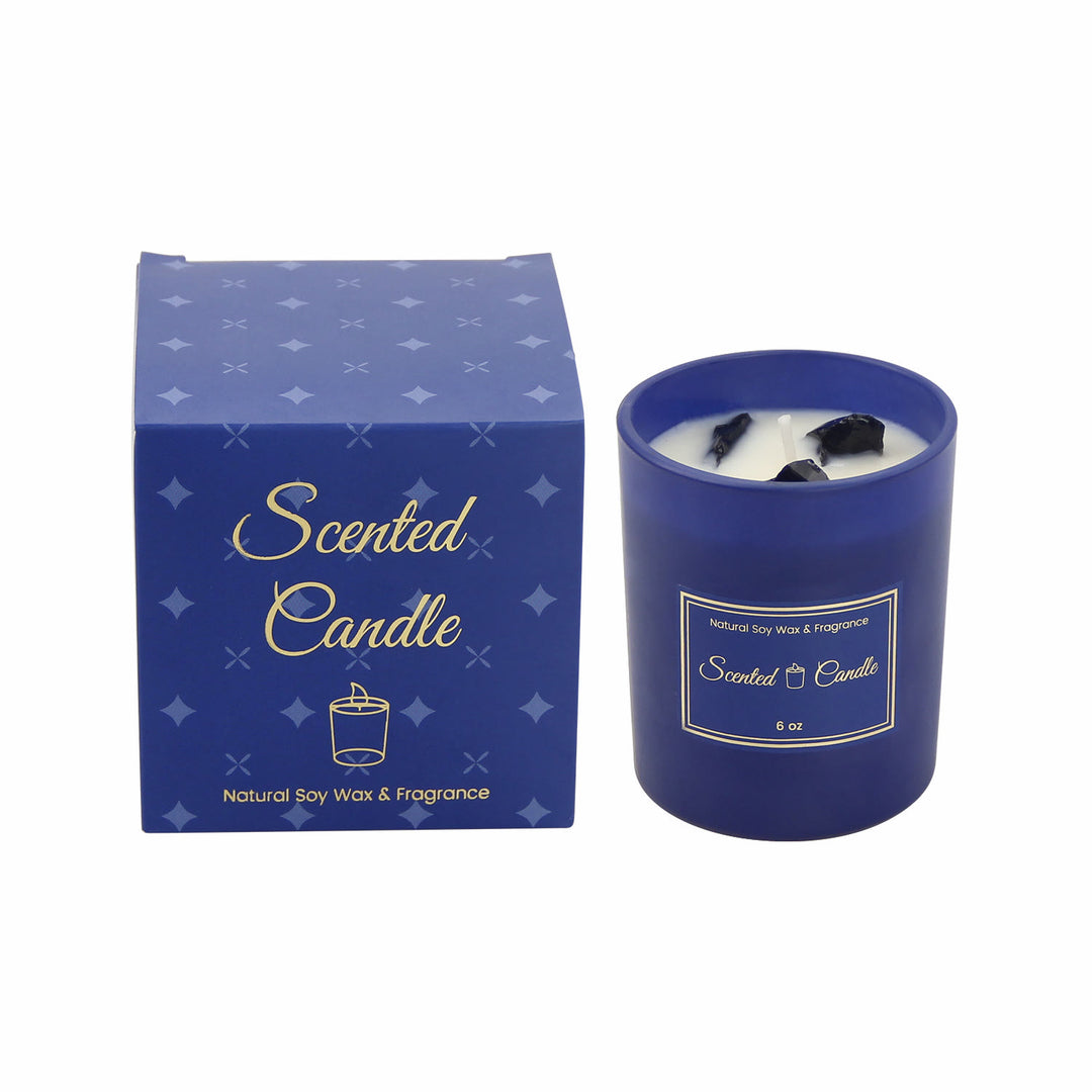 Vela perfumada de cristal en botella de vidrio azul de Olivenorma