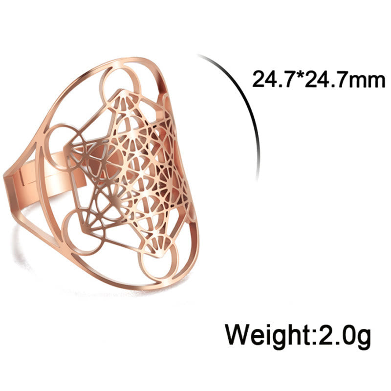 Anillo ajustable de acero inoxidable con símbolo del cubo de Metatrón de Olivenorma 