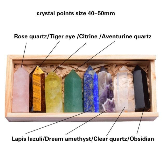 Juego de ocho varitas de cristal para chakras con forma de aguja natural de Olivenorma