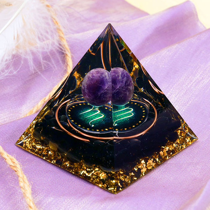 Esfera de amatista Olivenorma con obsidiana Pirámide de orgón del zodiaco Escorpio 