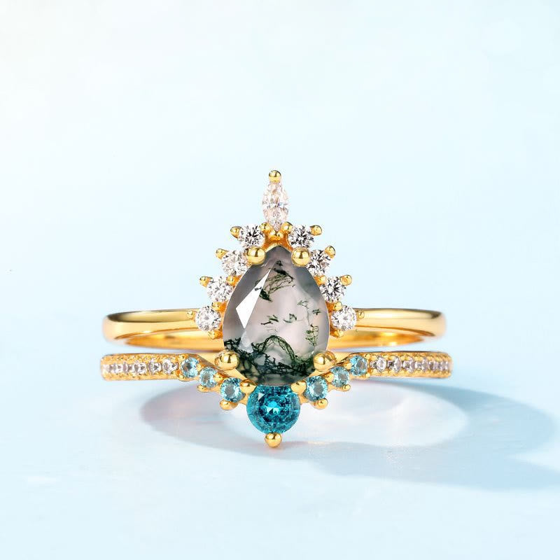 Anillo de plata 925 con ágata musgosa de Olivenorma y turmalina de Paraíba, 2 piezas