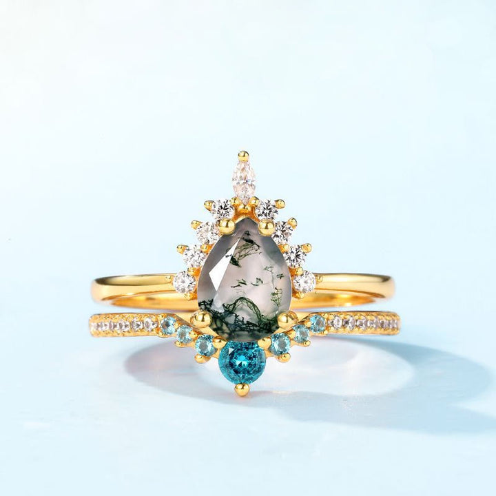 Anillo de plata 925 con ágata musgosa de Olivenorma y turmalina de Paraíba, 2 piezas