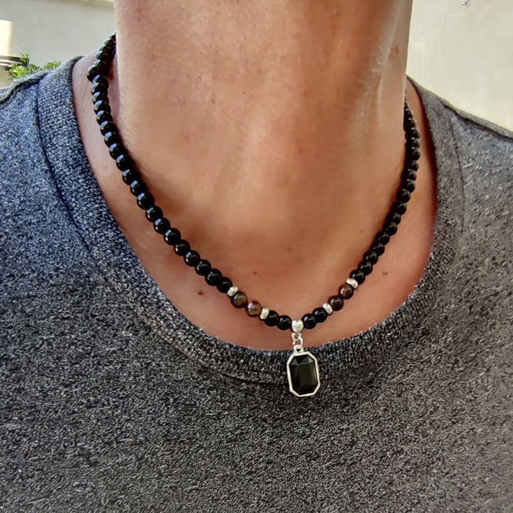 Collar de acero y titanio con cuentas de obsidiana y ojo de tigre para hombre de Olivenorma