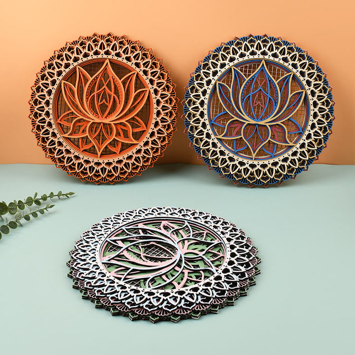 Decoración de pared con grabado 3D de madera con mandala de loto de Olivenorma