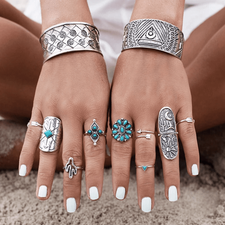 Juego de 9 anillos apilables de turquesa estilo bohemio de Olivenorma 