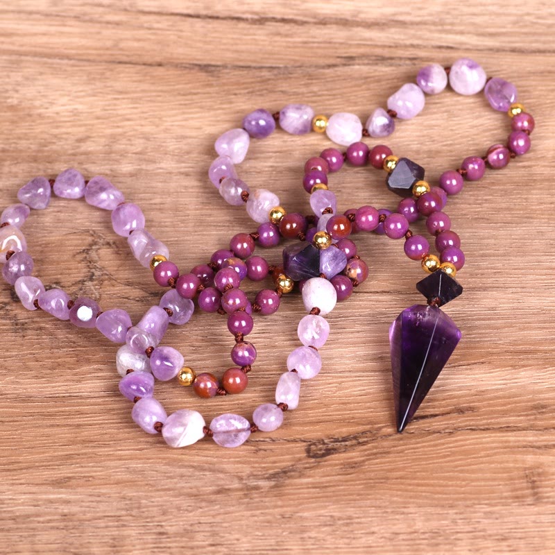 Collar de mala con cuentas de jade morado y amatista natural de Olivenorma