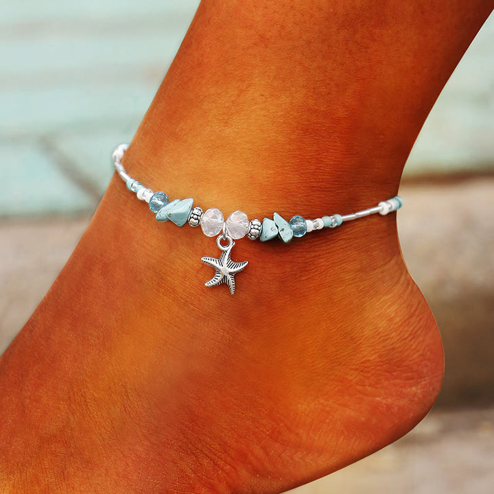 Pulsera tobillera con dije de estrella de mar turquesa y olas de Olivenorma