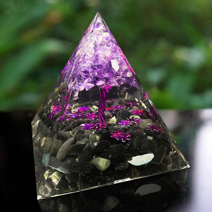 Pirámide de orgón del árbol de la vida de amatista y obsidiana de Olivenorma 