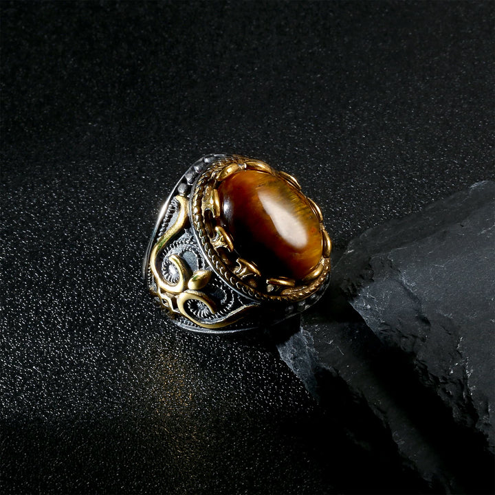 Anillo retro de piedra de ojo de tigre grande para hombre de Olivenorma