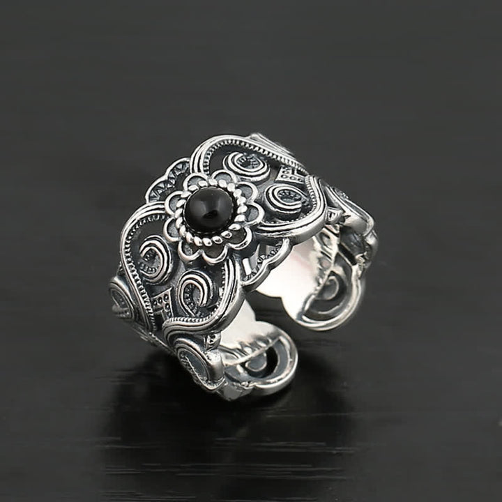 Anillo ajustable con diseño étnico de ónix negro de Olivenorma