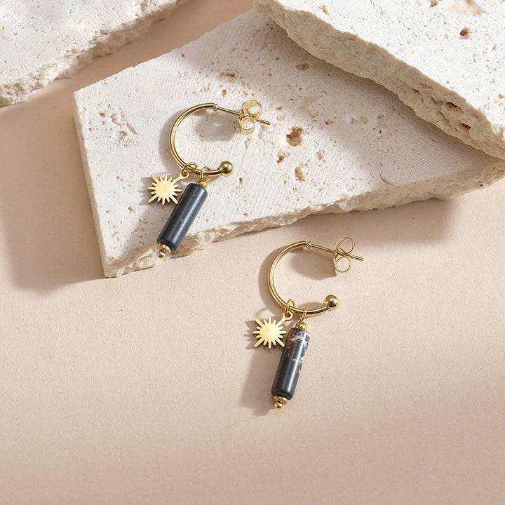 Pendientes de acero inoxidable de 14 k con colgante de pilar de piedra natural Olivenorma