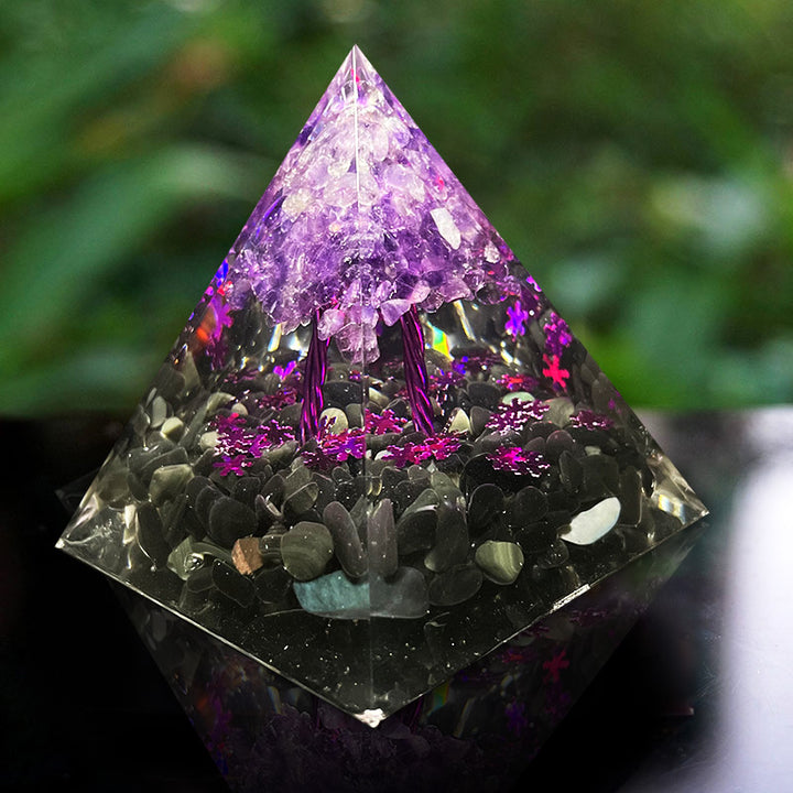 Pirámide de orgón del árbol de la vida de amatista y obsidiana de Olivenorma 