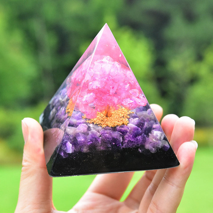 Pirámide de orgón de cristal rosa y amatista con árbol de la vida de Olivenorma