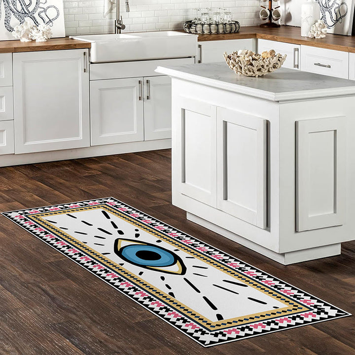 Alfombra rectangular con estampado de mal de ojo de color blanco de Olivenorma 
