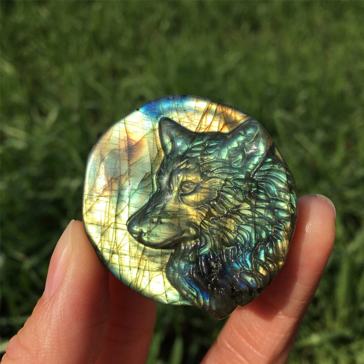Tótem de lobo labradorita natural de Olivenorma, piedra preciosa decorativa 