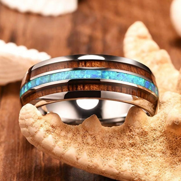 Anillo de carburo de tungsteno con concha de abulón y madera de koa de Olivenorma 