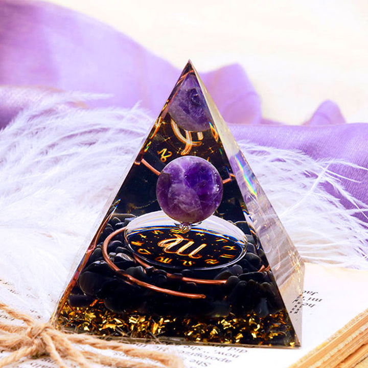 Pirámide de orgón del zodiaco Virgo con esfera de amatista y obsidiana de Olivenorma 