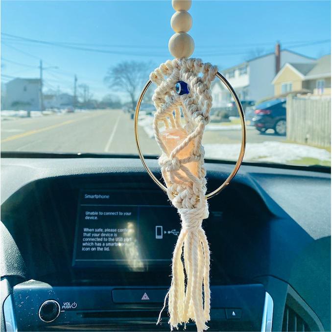 Adorno colgante para coche con tejido de ojo malvado de cuarzo rosa de Olivenorma 
