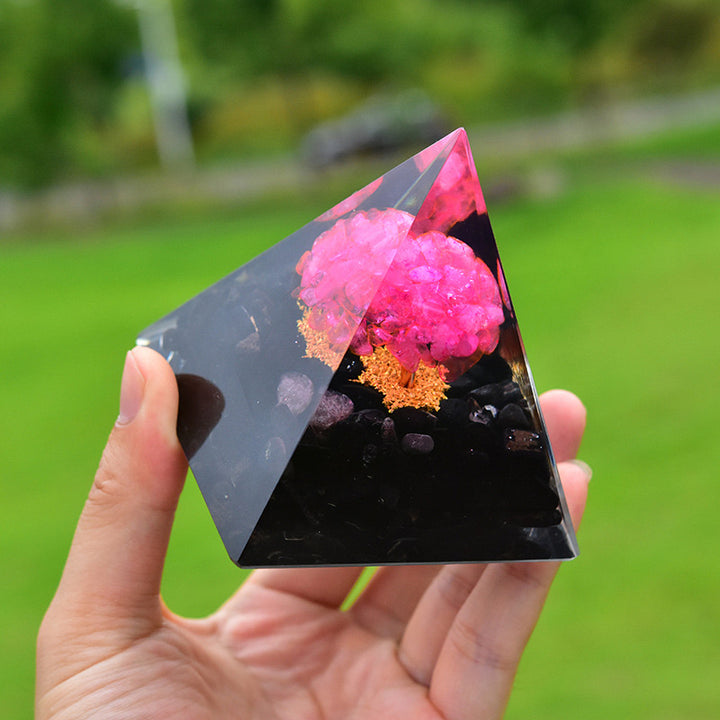 Pirámide de orgón curativo de obsidiana de Olivenorma con cristal rosa 