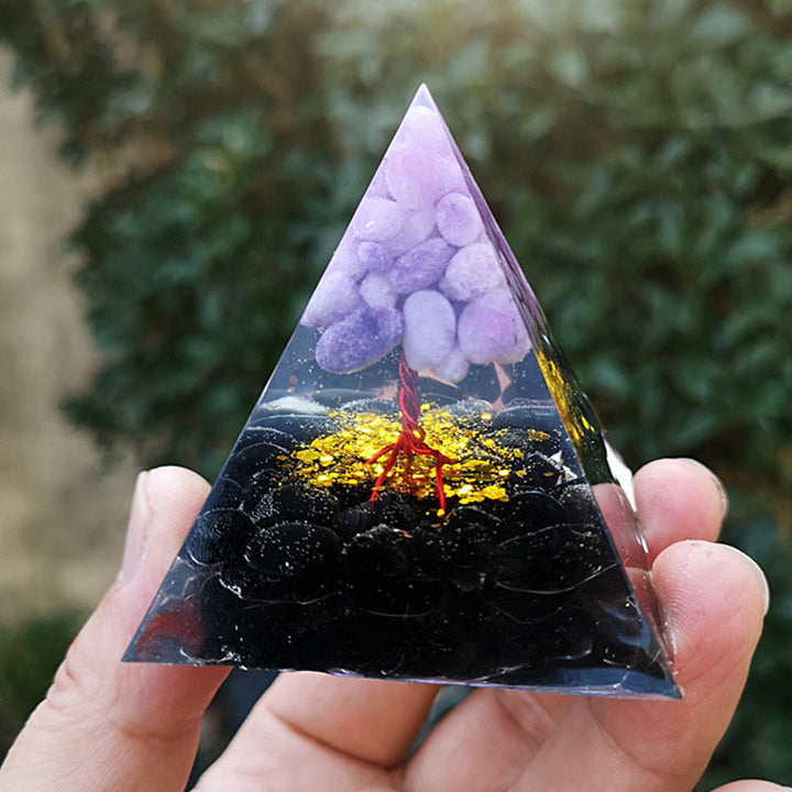 Pirámide de orgón del árbol de la vida de obsidiana y jade morado de Olivenorma 
