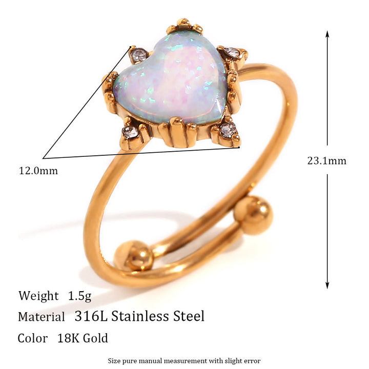 Anillo ajustable con corazón de sol y ópalo natural de Olivenorma