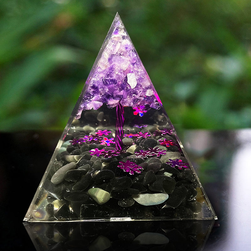 Pirámide de orgón del árbol de la vida de amatista y obsidiana de Olivenorma 