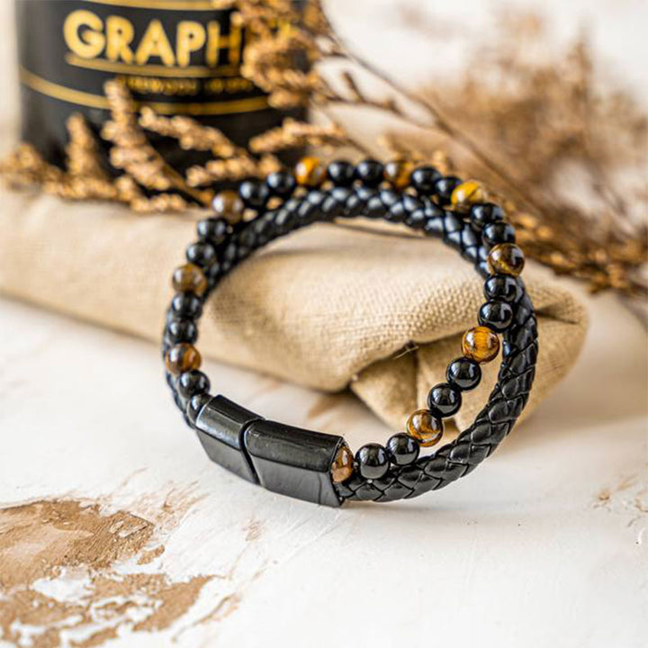 Pulsera tejida de cuero con ojo de tigre para hombre 