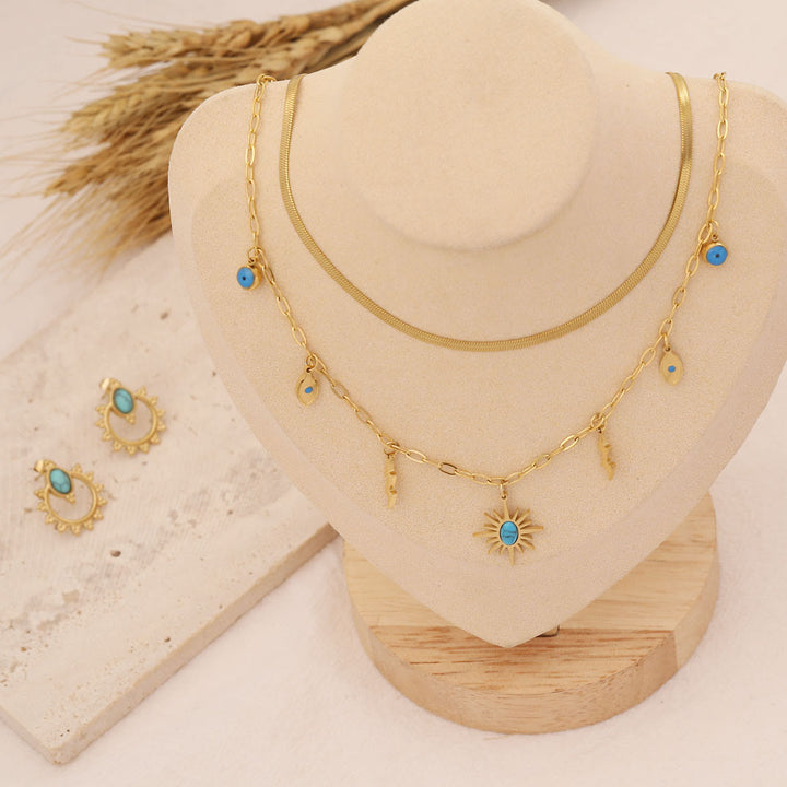 Collar, pulsera y pendientes con colgante de estrella y sol turquesa de Olivenorma