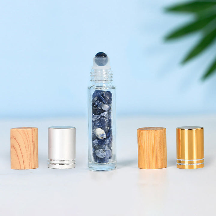 Botella de aceite esencial con roll-on de cristal de Olivenorma, decoración con piedras preciosas