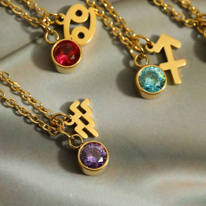 Collar de acero inoxidable con piedra natal y runa del zodíaco de Olivenorma