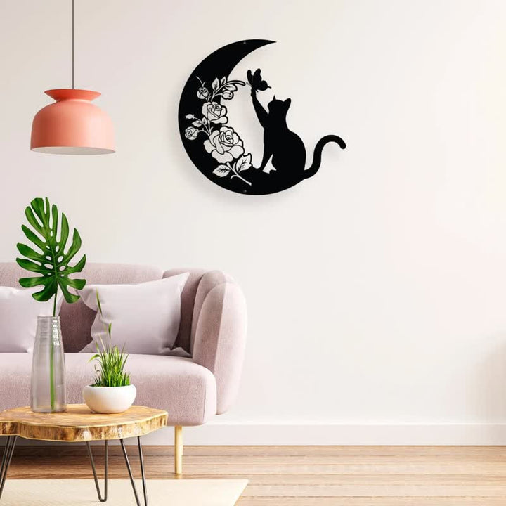 Decoración de pared de metal con forma de luna creciente y gato de Olivenorma