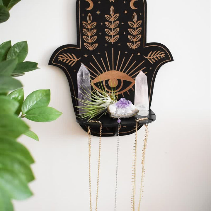 Estante de cristal para altar con sol y luna y mano de Fátima de Olivenorma 