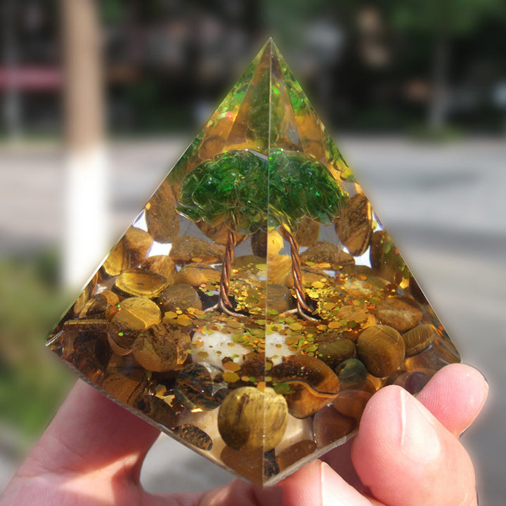 Pirámide orgónica curativa del árbol de la vida con ojo de tigre y peridoto de Olivenorma