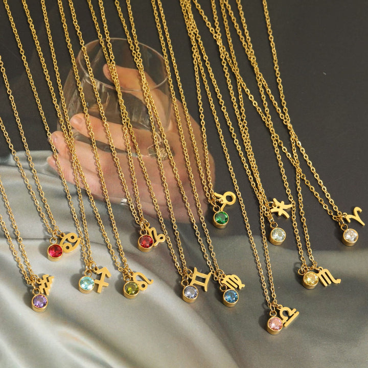 Collar de acero inoxidable con piedra natal y runa del zodíaco de Olivenorma