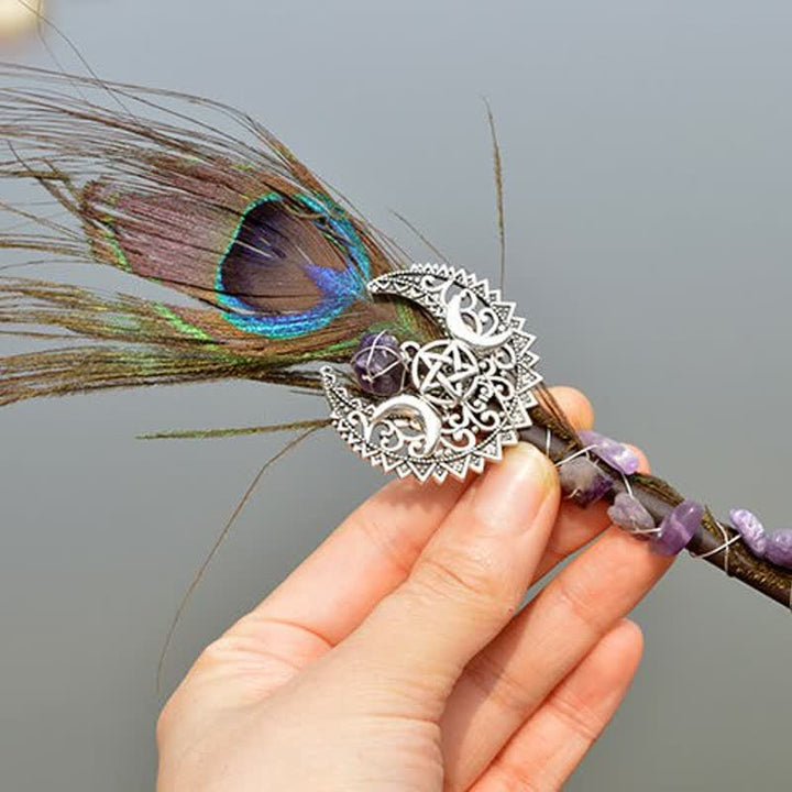 Varitas de cristal con plumas y luna de hadas naturales de Olivenorma
