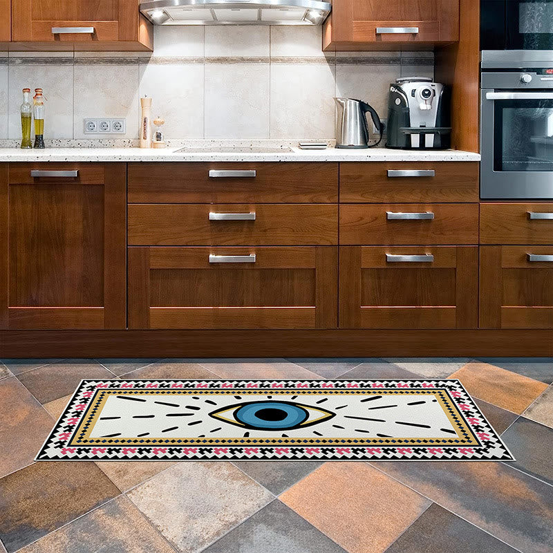 Alfombra rectangular con estampado de mal de ojo de color blanco de Olivenorma 