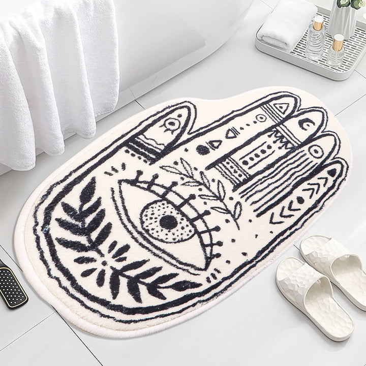 Alfombra suave con símbolo de Hamsa en color blanco de Olivenorma