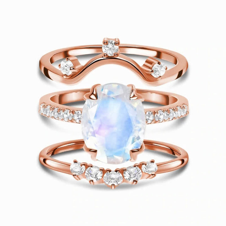 Anillo creativo de 3 piezas con piedra lunar de cristal natural de Olivenorma
