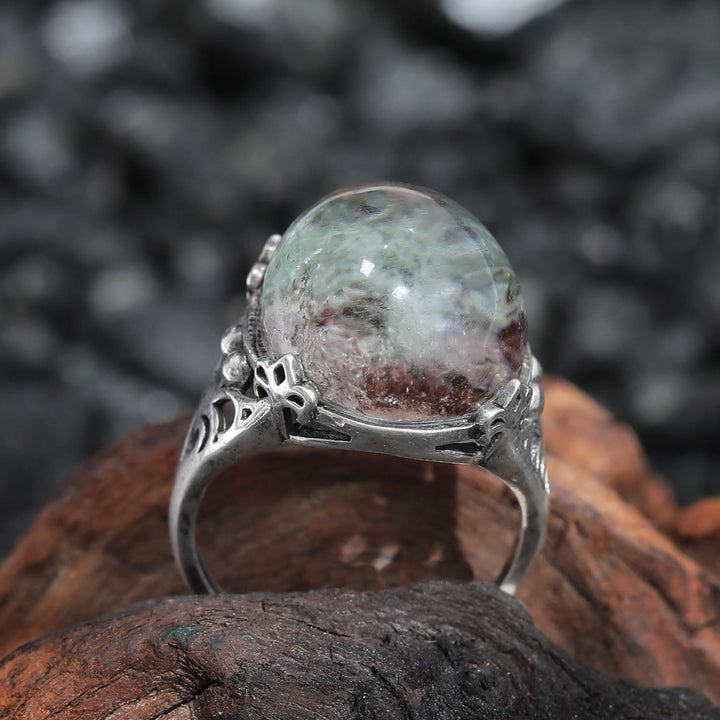 Anillo de plata de ley con araña de cuarzo fantasma verde de Olivenorma