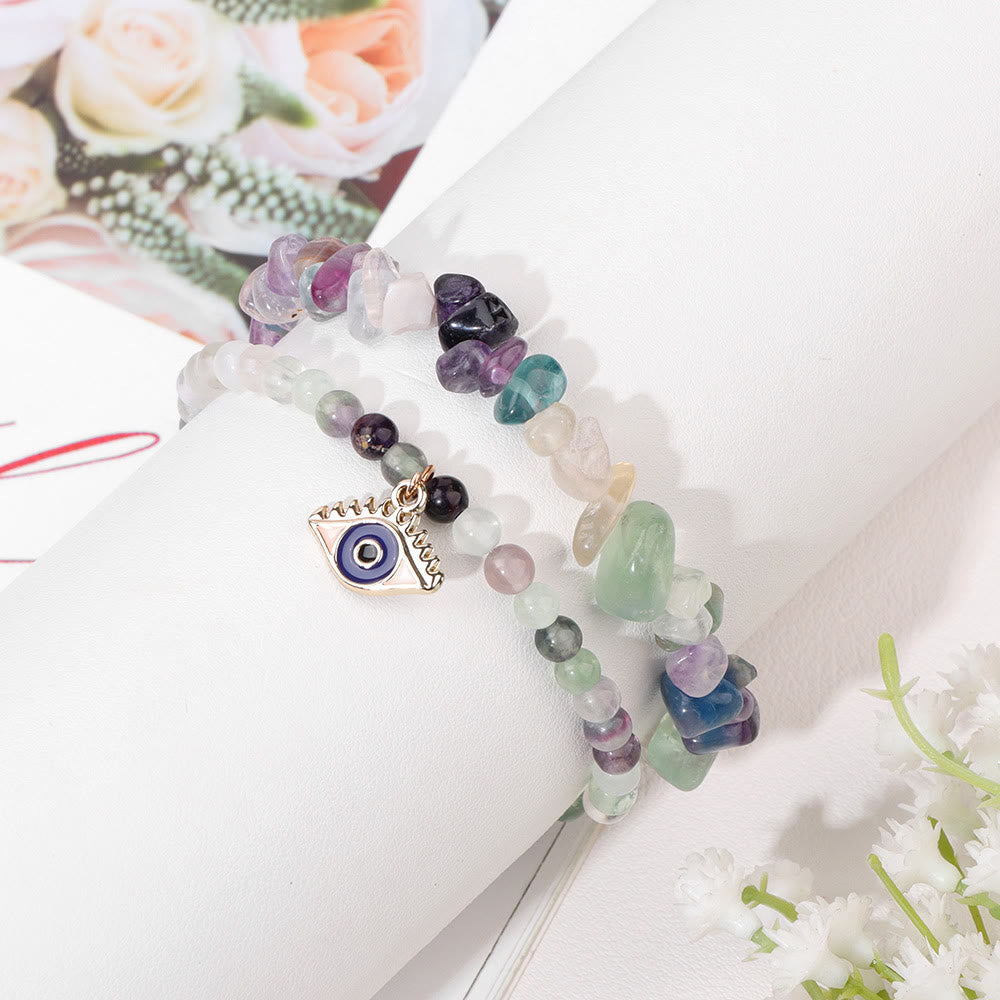 Juego de pulseras de cristal de doble capa con colgante de ojo malvado de Olivenorma
