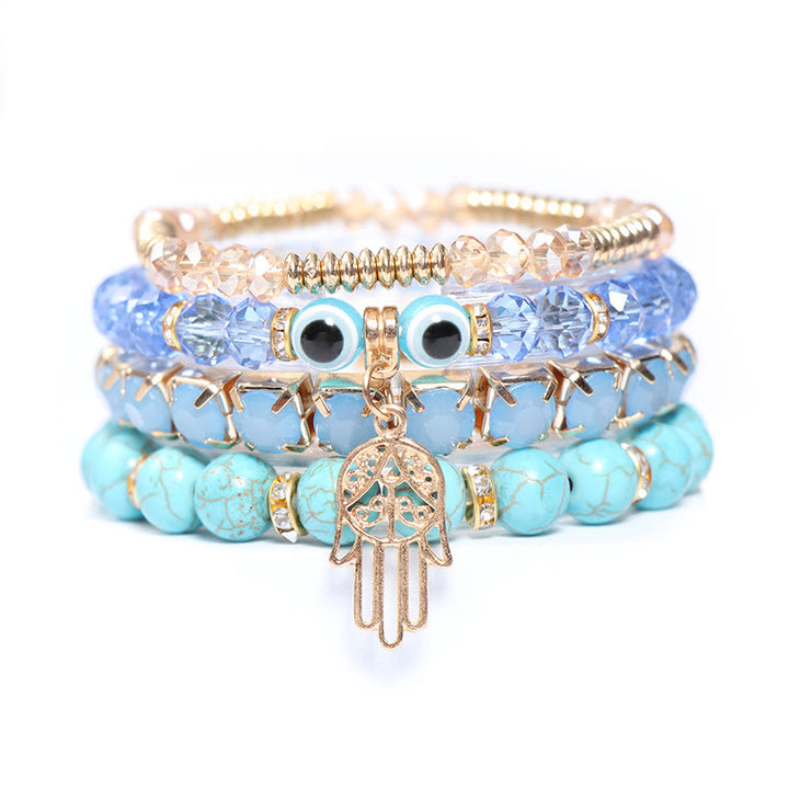 Juego de pulseras de cuentas de cuatro capas con ojo turco y hamsa de Olivenorma 