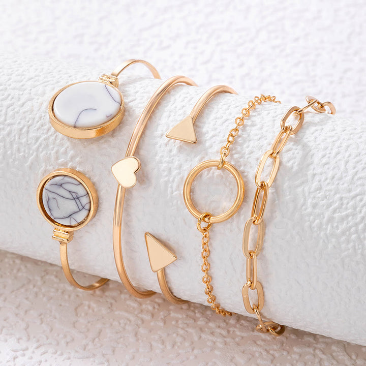 Conjunto de cinco pulseras abiertas de aleación de piedra natural Olivenorma