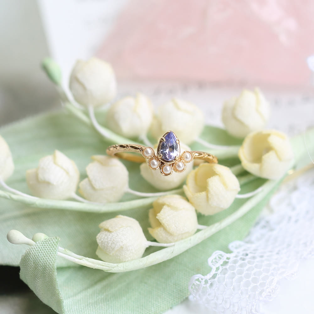 Anillo de doble capa con perla de zafiro y lágrima de Olivenorma S925