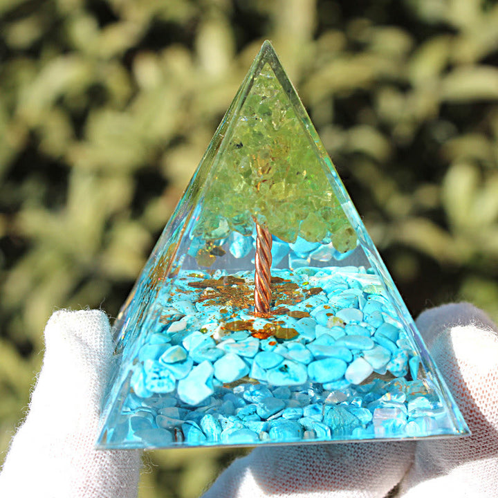 Pirámide de orgón del árbol de la vida de amazonita y peridoto de Olivenorma