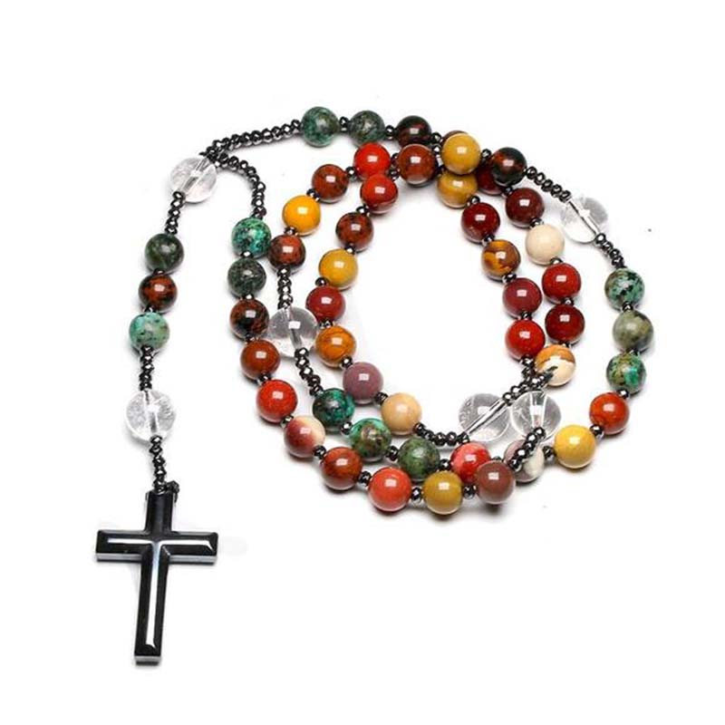 Collar y pulsera con símbolo de cruz de piedra natural de Olivenorma