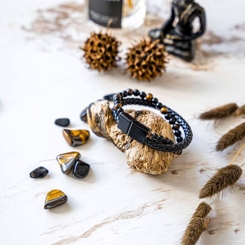 Pulsera tejida de cuero con ojo de tigre para hombre 