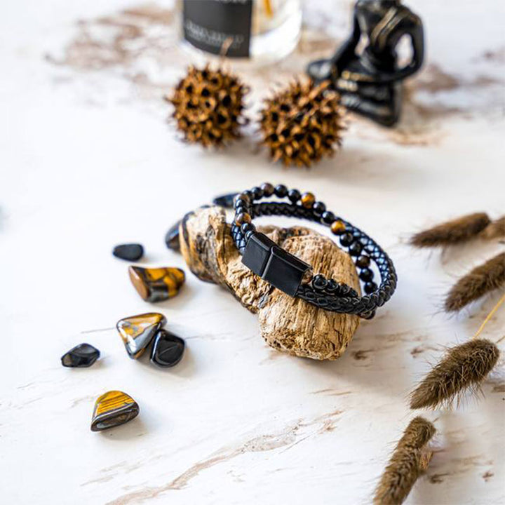 Pulsera tejida de cuero con ojo de tigre para hombre 