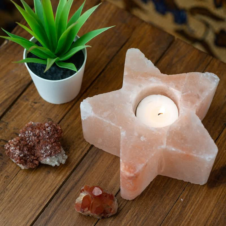 Candelabro con forma de estrella de Olivenorma, lámpara de sal rosa del Himalaya