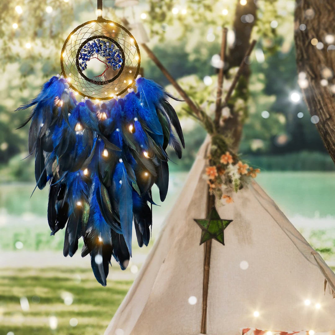 Atrapasueños con plumas de árbol de la vida de cristal de Olivenorma