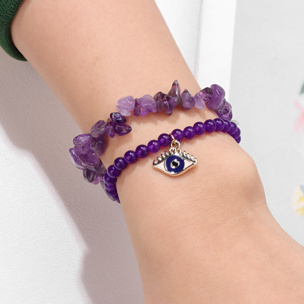 Juego de pulseras de cristal de doble capa con colgante de ojo malvado de Olivenorma
